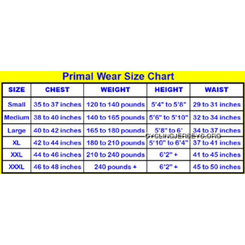 Primal Bike Jersey Size Chart
